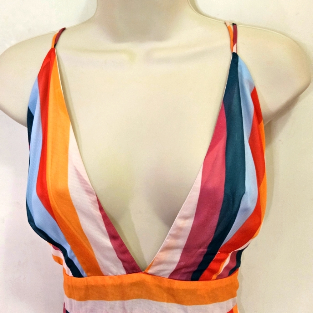 ESSUE Red/Orange Multi-Color Striped Deep Plunge Strappy Mini Dress,Large,NWT - Picture 10 of 16